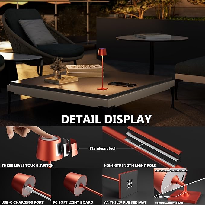 Modern LED Color-Changing Cordless Table lamp, 7 Colors, metal Shade, Touch - Image 3