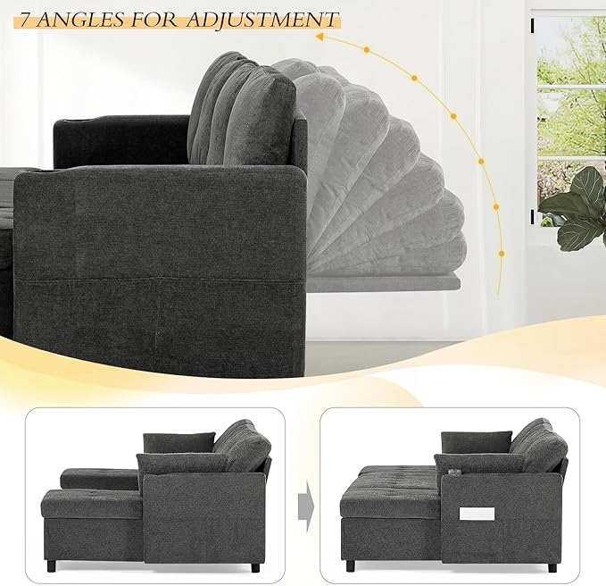 110" Fabric Pull-Out Couch Bed w/Adjustable Backrests, Sectional Sleeper Sofa - Image 5