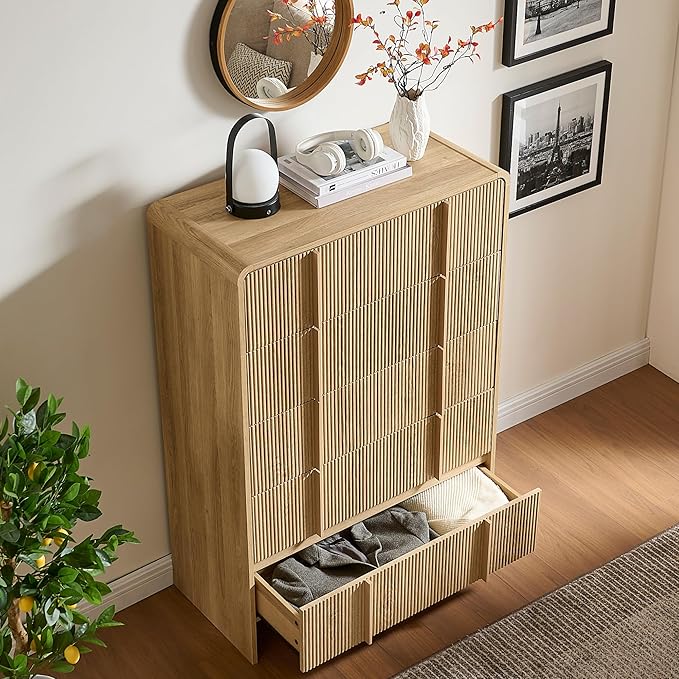 AMERLIFE Fluted 5 Drawer Dresser, Rounded Corners & Anti-Tip Design, Wood by AMERLIFE