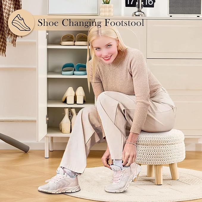 LGENHOOM Round Storage Ottoman Foot Rest Cotton Braided Foot Stool Pouf Ottoman - Image 2