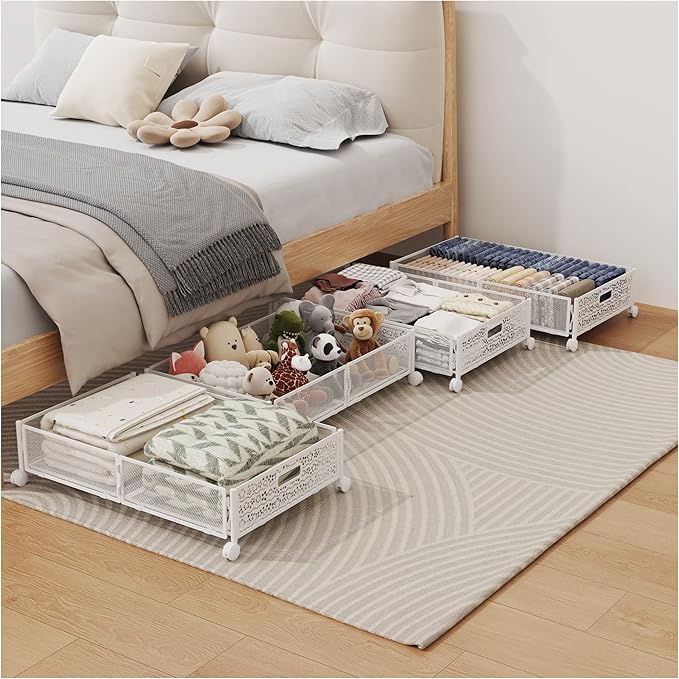Under Bed Storage with Wheels, Foldable Pattern Carved Metal Under The Bed by YEEBONIX-UnderBedStorage