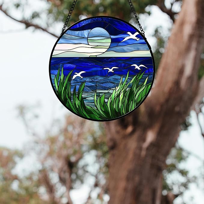AMDERVEN Stained Glass Window Hanging 4 Pcs Set Navy Blue Ocean Landscape 9.8" - Image 5