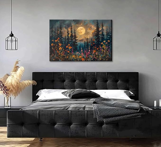 Full Moon Forest Canvas Wall Art Moonlit Pine Tree Mountains and Wildflowers - Image 4