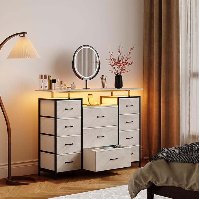 LUMTOK 11 Drawers Dresser with Fabric Drawers, Charging Station, LED Lights and - Image 4