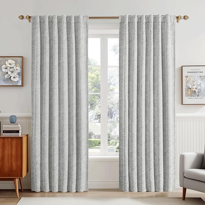 Beauoop Grey Floral Jacquard Blackout Curtains 96 Inches Long 2 Panels - Image 2