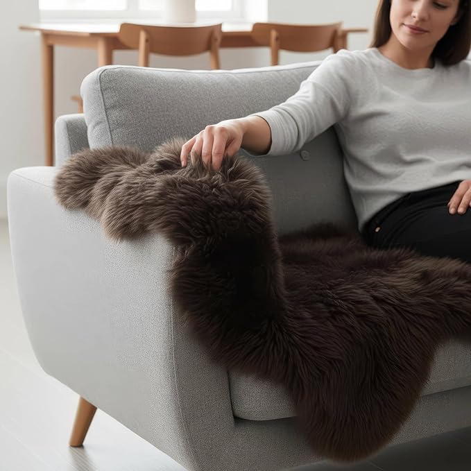 Genuine Dark Brown Sheepskin Rug 2x3 ft, Real Fluffy Single Pelt Fur Accent Rug - Image 2