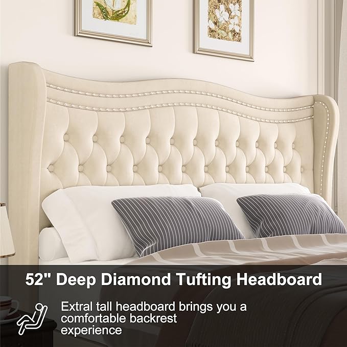 King Bed Frame with Tall Headboard & Footboard, Velvet Upholstered Platform Bed - Image 5