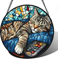 DASTOLL Stained Glass Window Hanging Gray Cat and Remote Control 6.3" by DASTOLL