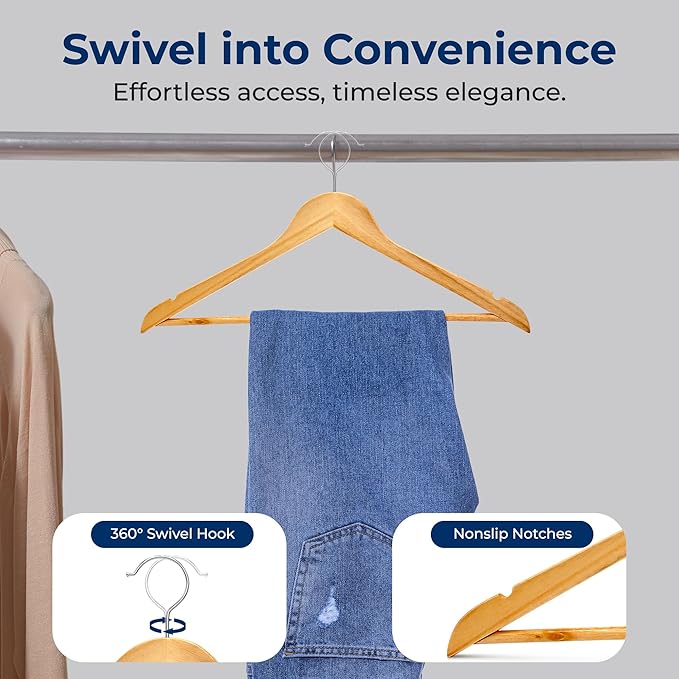 SereneLife Solid Wooden Hangers, Mega Pack, 60 Pieces Hangers - Image 6