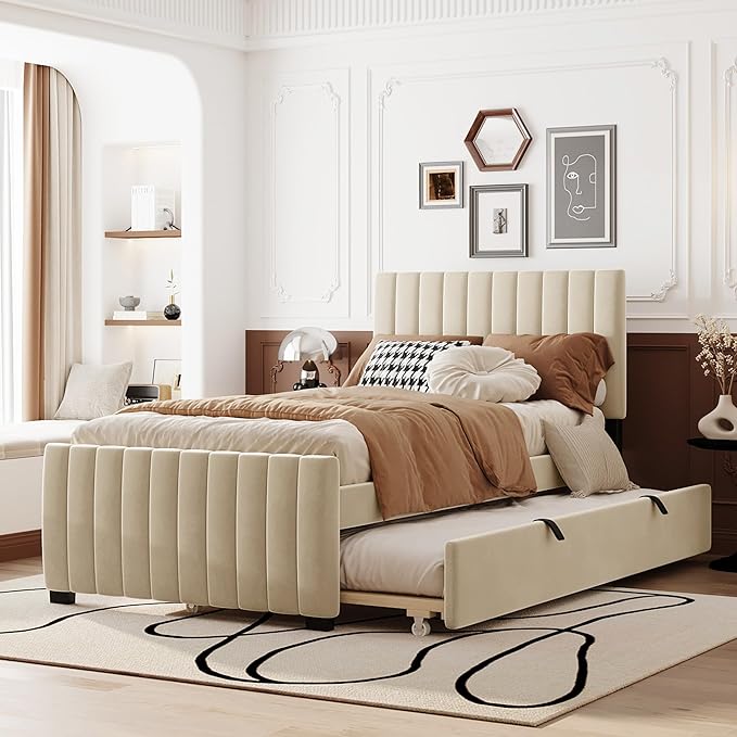 Twin Size Bed Frame with Trundle Bed, Velvet Upholstered Bed Frame, Twin Size by Bellemave
