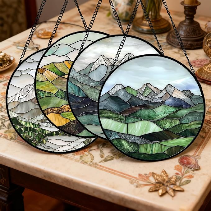AMDERVEN Stained Glass Window Hanging 4 Pcs Set Mountain River Landscape Large - Image 2