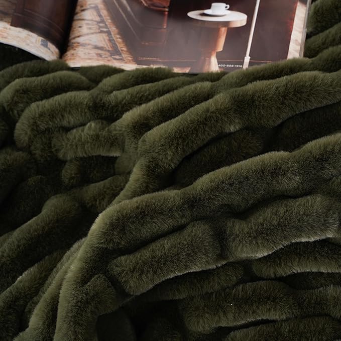 BATTILO HOME Olive Green Faux Fur Throw Blanket - Image 6