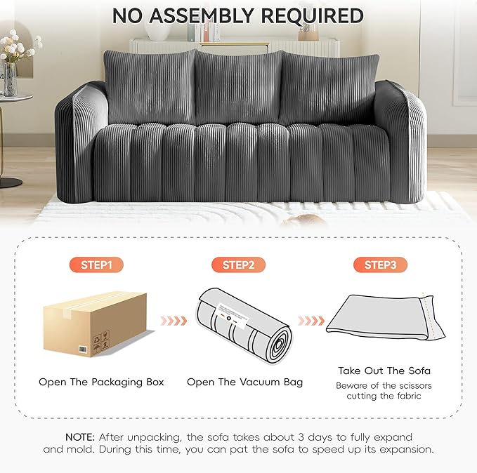 Corduroy Boneless Living Room Sets, Modern Upholstered 3 Seater Sofa - Image 6