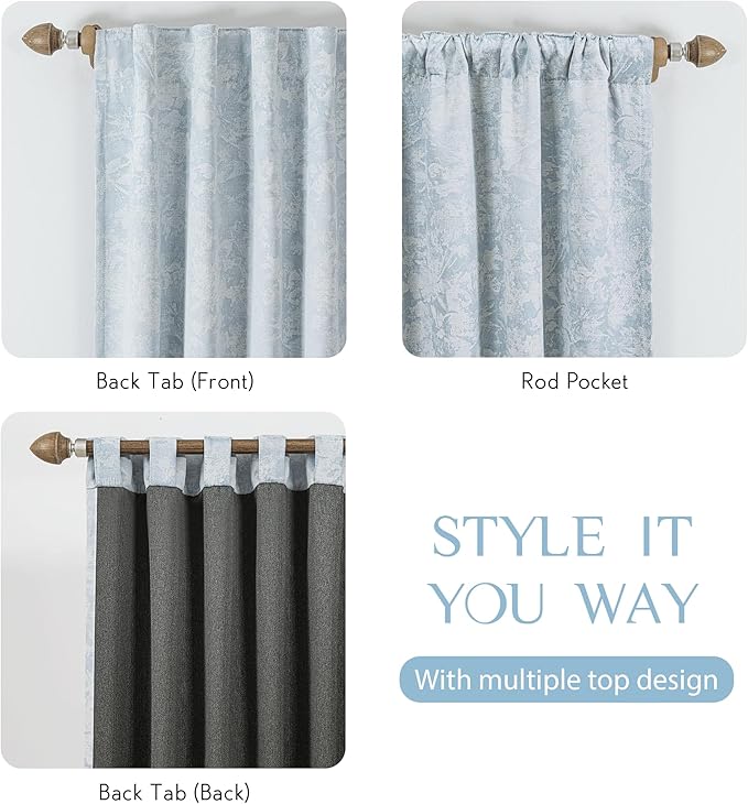 Beauoop Blue Floral Jacquard Blackout Curtains 63 Inches Long 2 Panels - Image 5