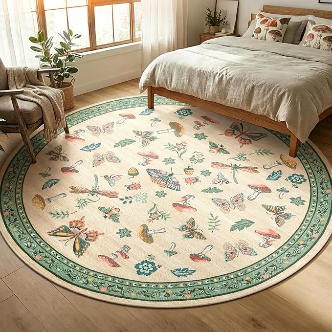 Mushroom Insect 8ft Round Rug Washable Non-Slip Soft Ultra-Thin Large Boho - Image 2