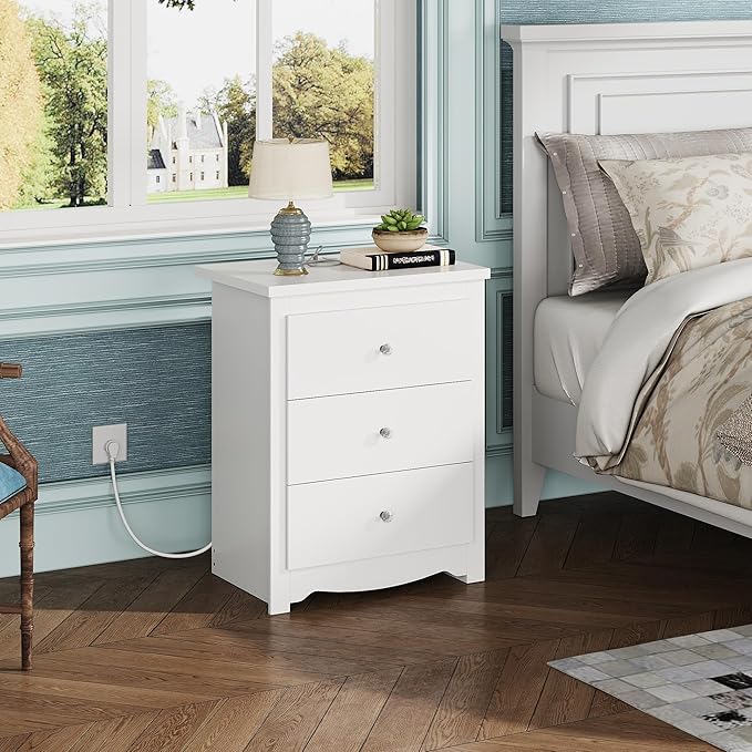 WLIVE White Nightstand with Charging Station, Wood Night Stand with 3 Drawers - Image 2