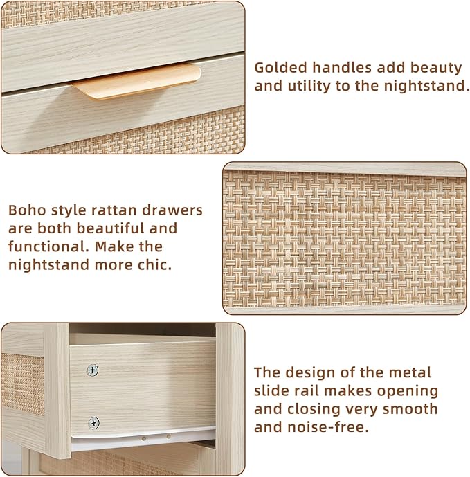 LEYAOYAO 31.5" Wide Rattan Night Stands Set 2, Oversized Large Boho Nightstand - Image 4