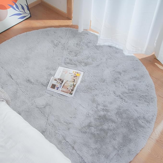 Grey Round Rug 3ft Machine Washable Shaggy Area Rugs - Image 4