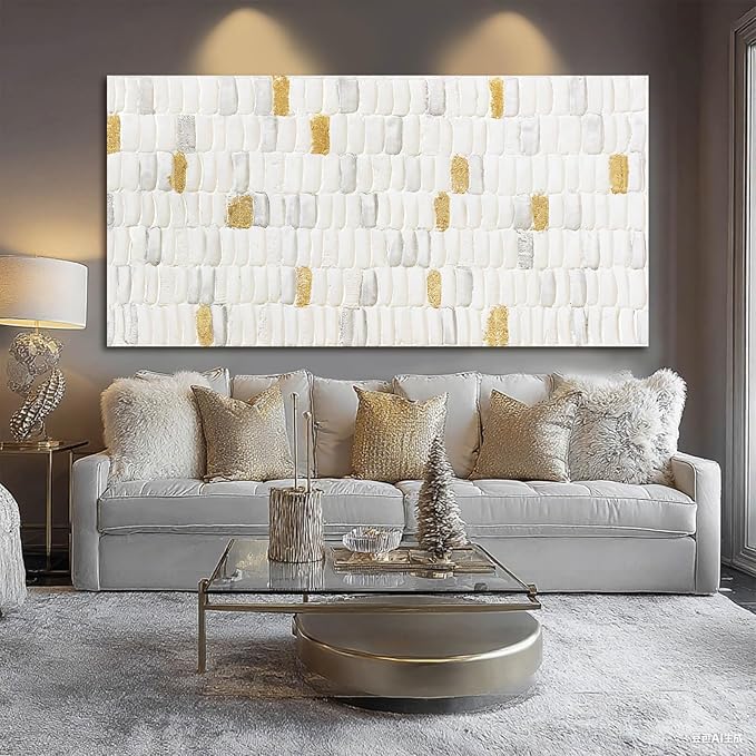 YETHEN WAL White and Gold Textured Abstract Wall Art, Minimalist Neutral Canvas - Image 6