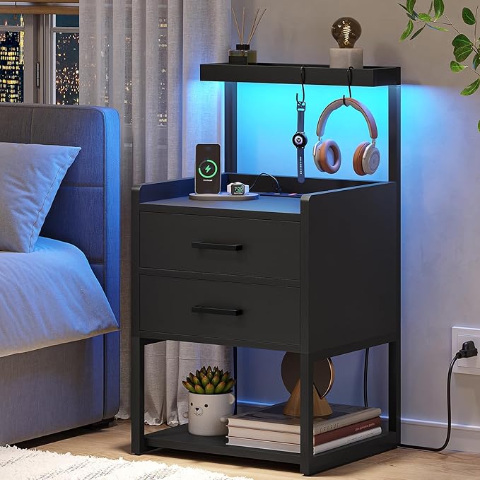 VIAGDO Nightstand with Charging Station and LED Lights, Modern End Side Tables by VIAGDO