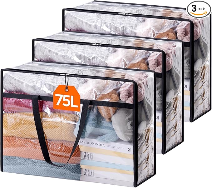 Lifewit 3 Pack Clear Clothes Storage Bags, 75L Large Plastic Blanket Storage by Lifewit