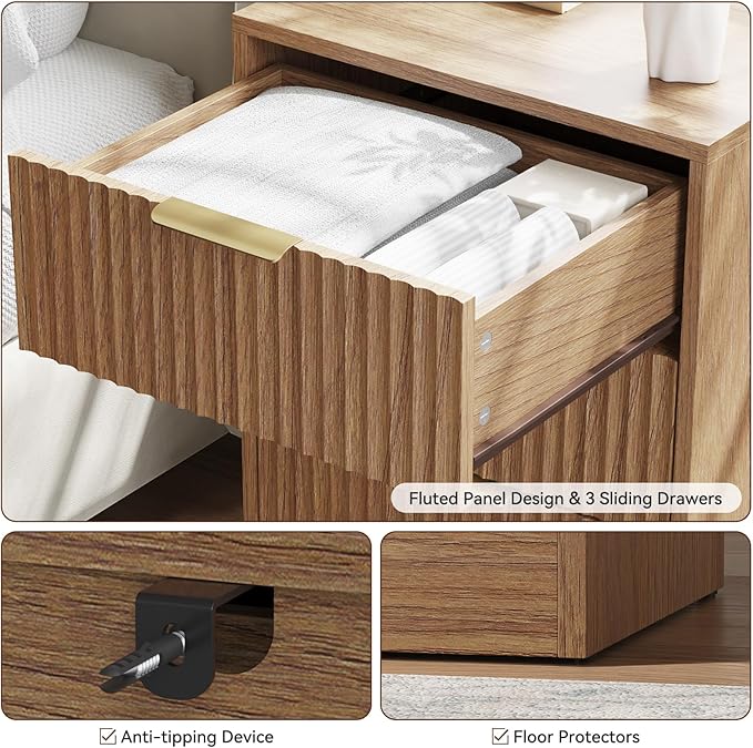 8 Drawer Dresser & 3 Drawer Nightstand Set 3-Piece, Tall Fluted Dresser and - Image 6