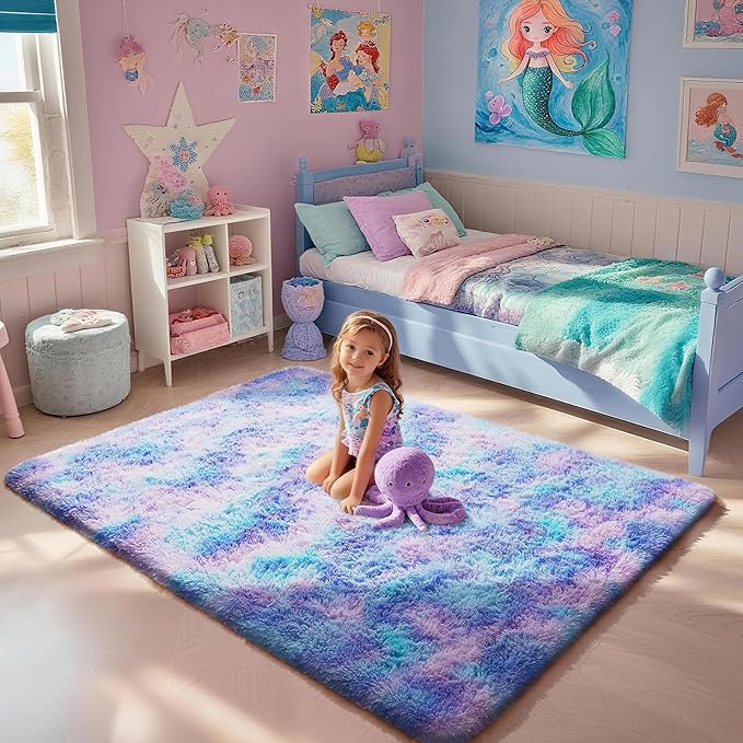 Ophanie Rainbow Purple Rug for Bedroom Girls, Unicorn Colorful Mermaid Fluffy - Image 3