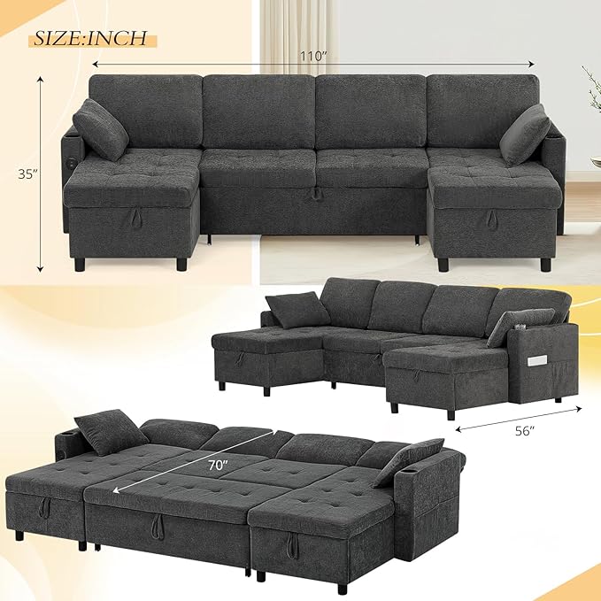 110" Fabric Pull-Out Couch Bed w/Adjustable Backrests, Sectional Sleeper Sofa - Image 3