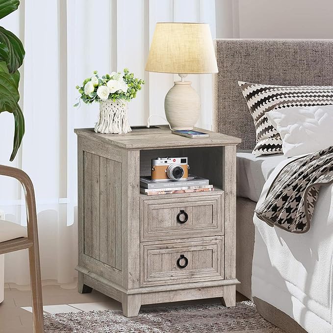 18" Farmhouse Night Stand with Charging Station, 2 Drawers End Table Dresser - Image 8