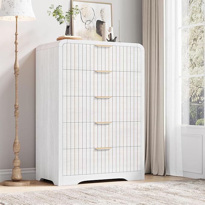 Fluted 5 Drawer Dresser for Bedroom, Wood Mid Century Vertical Dresser Natural - Image 3