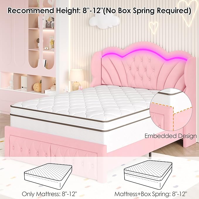 Keyluv Queen Bed Frame with LED Lights and 2 Storage Drawers, Velvet - Image 7