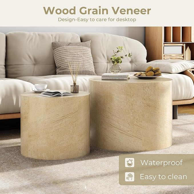 Nesting Coffee Table Set of 2, Round Beige Nesting Table Modern Circle Coffee - Image 4