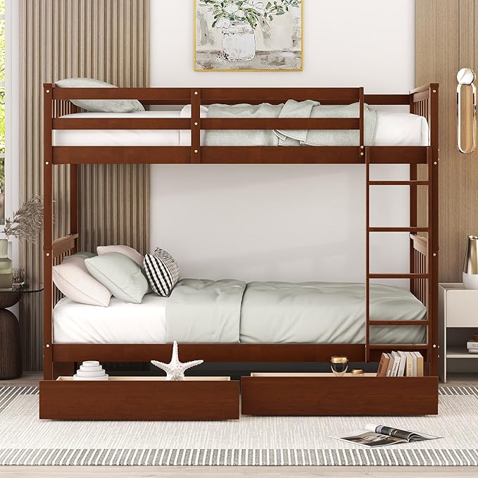 Merax Wood Bunk Bed with Drawers, Twin Over Twin Size Convertible Bunk Bed with - Image 3