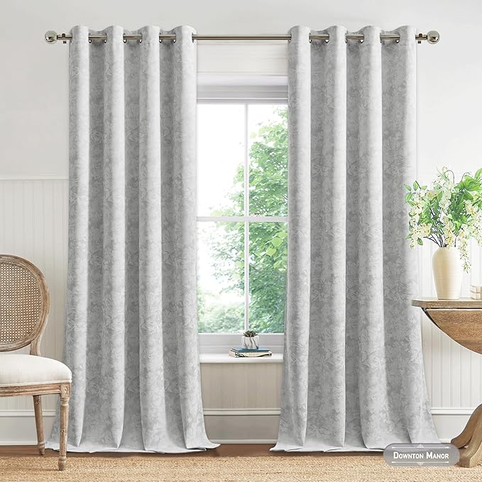 Beauoop Grey Floral Jacquard Blackout Curtains 108 Inches Long 2 Panels - Image 2