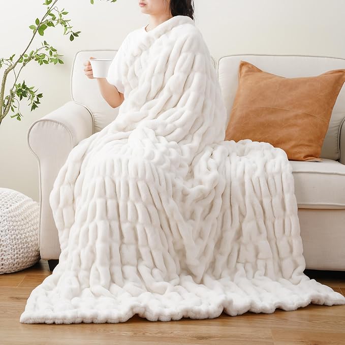 BATTILO HOME Cream Faux Fur Throw Blanket, Double Side Ruched Rabbit Fur Blanket - Image 9