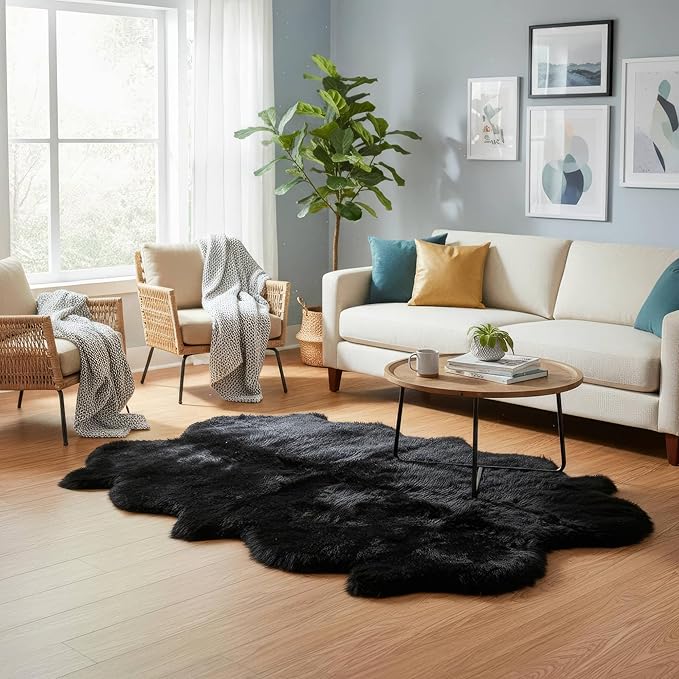 Black Sheepskin Rug 4x6 ft, Genuine Quad Pelt Fluffy Fur Area Rug - Image 3