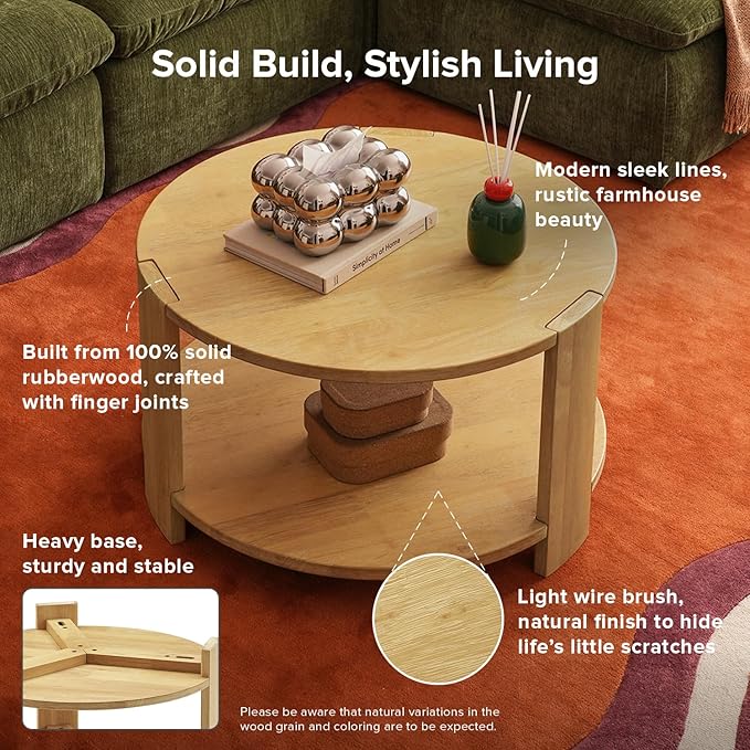 mopio Logan Solid Wood 2-Tier Round Coffee Table, Modern Farmhouse Solid - Image 3