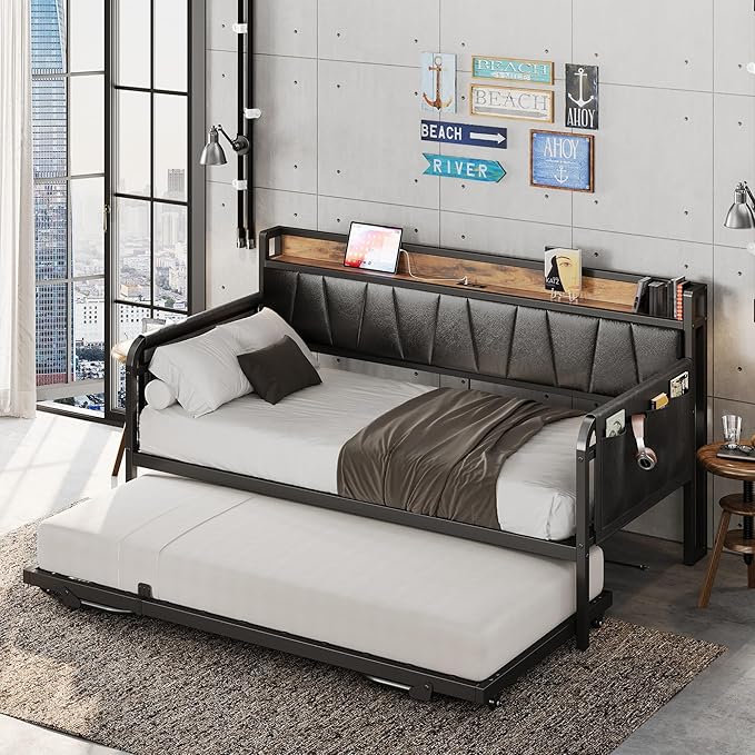 LIKIMIO Daybed with Trundle Bed, Twin Bed Frame with Storage Headboard and - Image 2