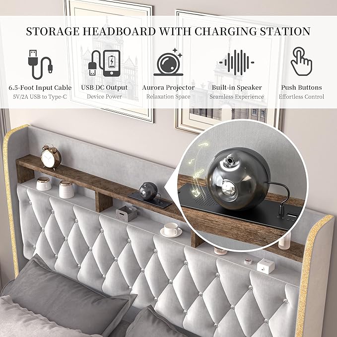 Queen LED Bed Frame with Storage Drawers, Velvet Upholstered Platform Beds with - Image 5