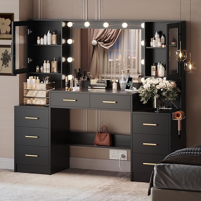 Black Vanity Desk with Mirror, Lights & Charging Station, 58.3" 3 Lighting by TOKSOM