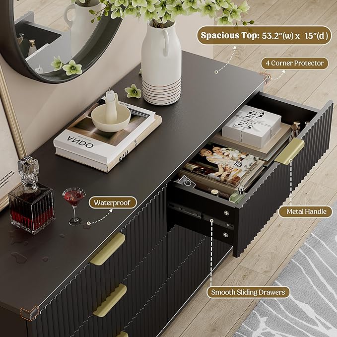Lulive Black Dresser for Bedroom Wood Dressers Chest of Drawers, Fluted 54" - Image 4
