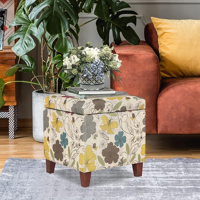 Adeco 18 Inch High Cube Ottoman Storage, Floral Printed Linen Chair Foot Stools - Image 2