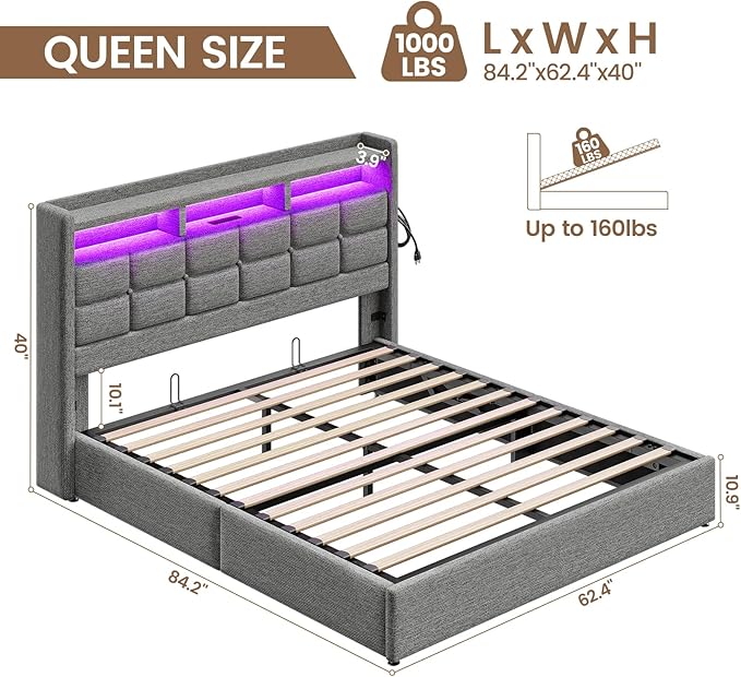 Lift Up Queen Bed Frame with Storage, Upholstered Bed Frame Queen Size with LED - Image 2
