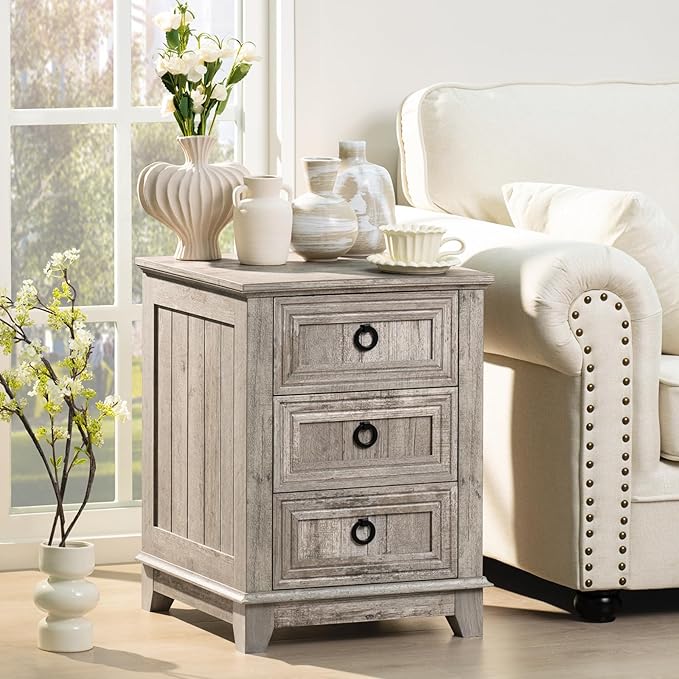 18" Farmhouse Night Stand with 3 Drawers, Wood End Table Dresser - Image 7