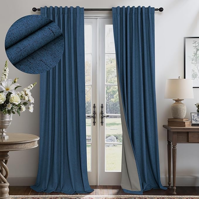 Navy Blue Curtains 108 Inches Long 2 Panel Faux Linen Nautical Modern Farmhouse by Pitalk