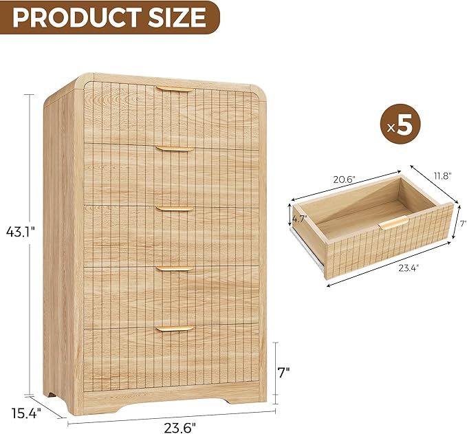 Fluted 5 Drawer Dresser, Wood Mid Century Vertical Dresser Natural Texture - Image 2