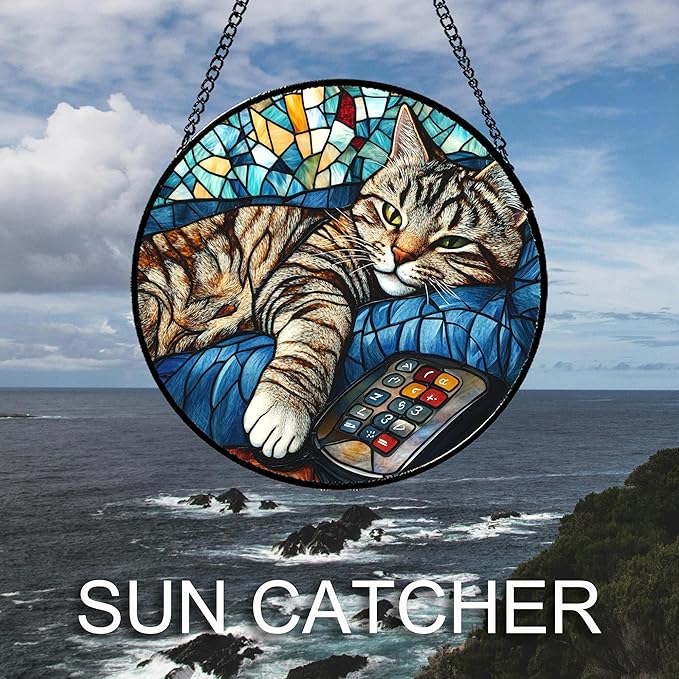 DASTOLL Stained Glass Window Hanging Gray Cat and Remote Control Large 15" - Image 4