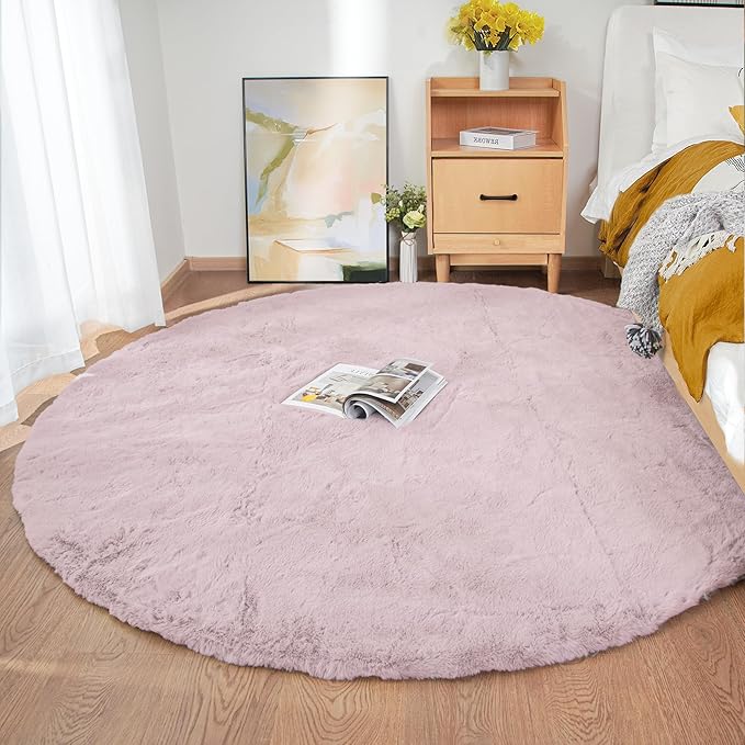 Pink Boho Round Rugs 8ft Large Fluffy Machine Washable Fuzzy Fur Area Rugs - Image 2