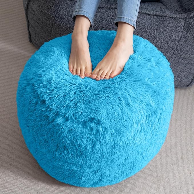 HIGOGOGO Round Stuffed Pouf Ottoman, Long Faux Fur Poufs by HIGOGOGO