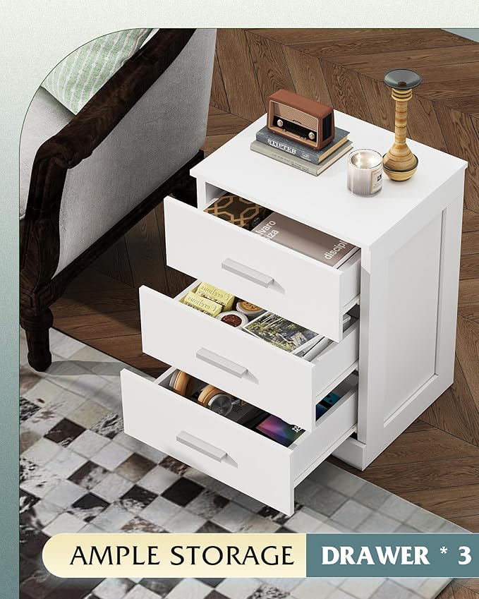 WLIVE White Night Stand with 3 Drawers, Small Nightstand with Storage, Wooden - Image 4